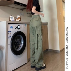 軍緑高街直筒工装ズボン女性夏の新商品2024はゆったりしていて、やせています。