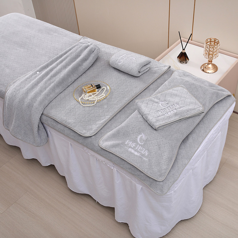 Beauty Salon Towel European Flower Bubble Velvet Skin Management Three-Piece Set Turban with Hole Bed Bath Towel Engraved Logo