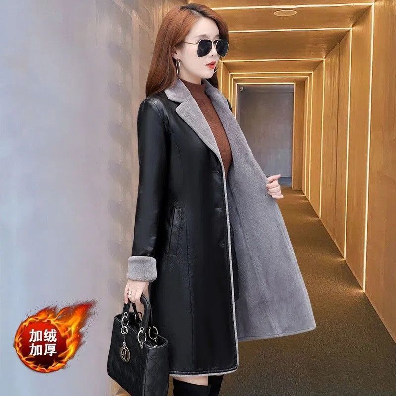 大毛领冬季皮衣女加绒加厚中长款韩版2025新款修身显瘦收腰皮外套|undefined
