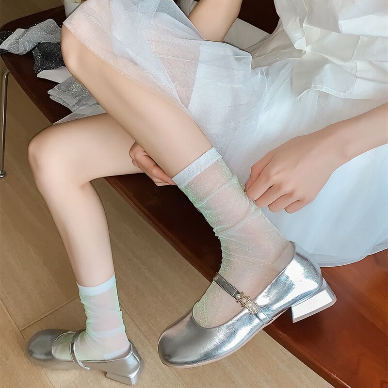 With Mary Jane socks women's summer thin white transparent tube piled socks glass silk crystal socks fairy