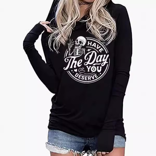 Skull Print Hooded Sweatshirt Women's Top Jacket Casual European Plus Size_voghion.com