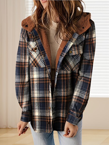Women's Casual Plaid Hooded Jacket Cozy Flannel Retro