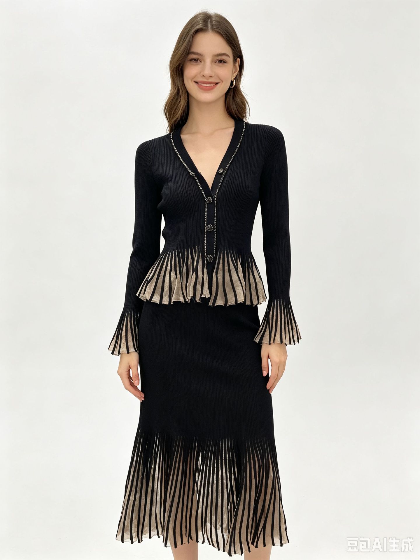 Bell-sleeve, figure-hugging, and sexy two-piece set for women: sheer, long-sleeved cardigan with a diamond-studded collar + fishtail skirt set