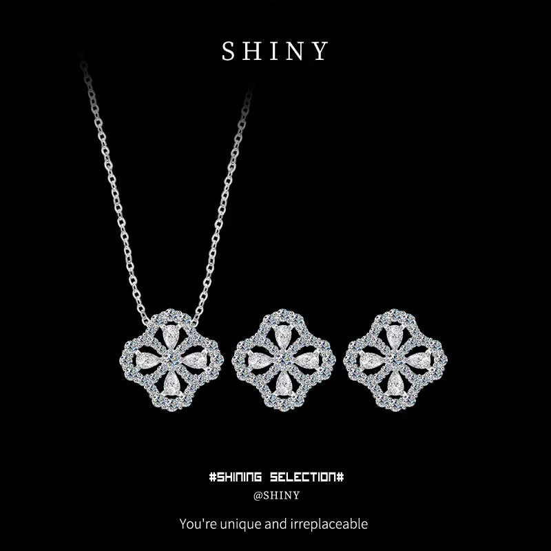 四叶草S925纯银项链耳钉莫桑石经典时尚明星同款高级设计跨境套装