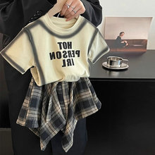 儿童装女童套装字母描边短袖T恤加格子半身裙裤2025夏装新款外贸