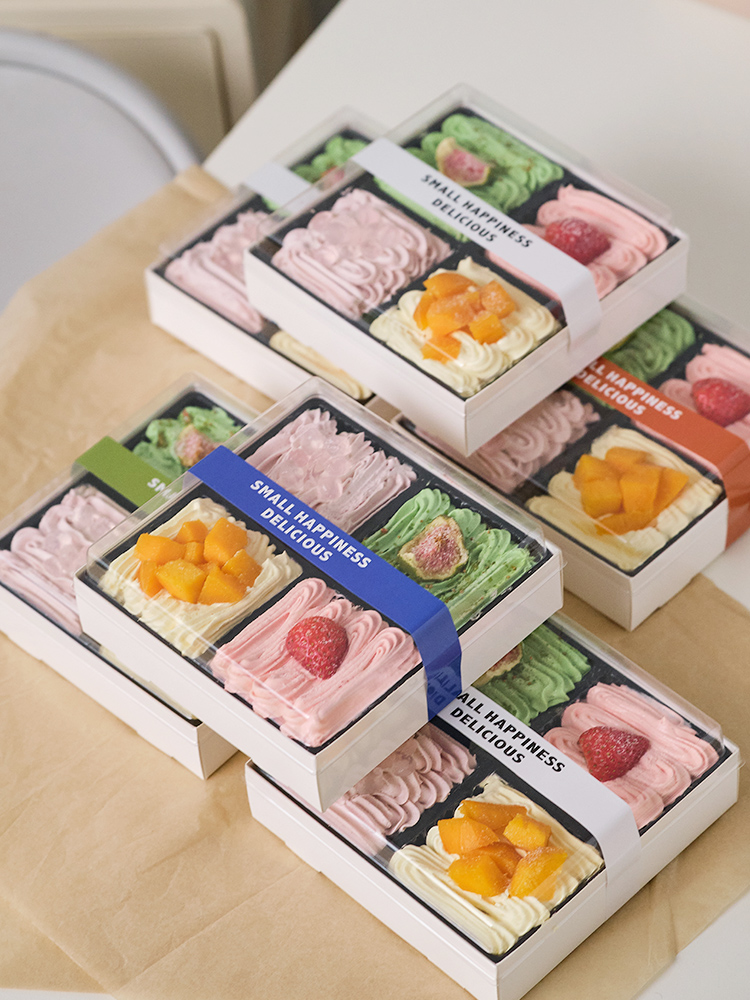Caja de pastel feliz, caja de postre, Tilamisu, pequeño paquete de horneado de frutas de cuatro Gongge, un solo uso