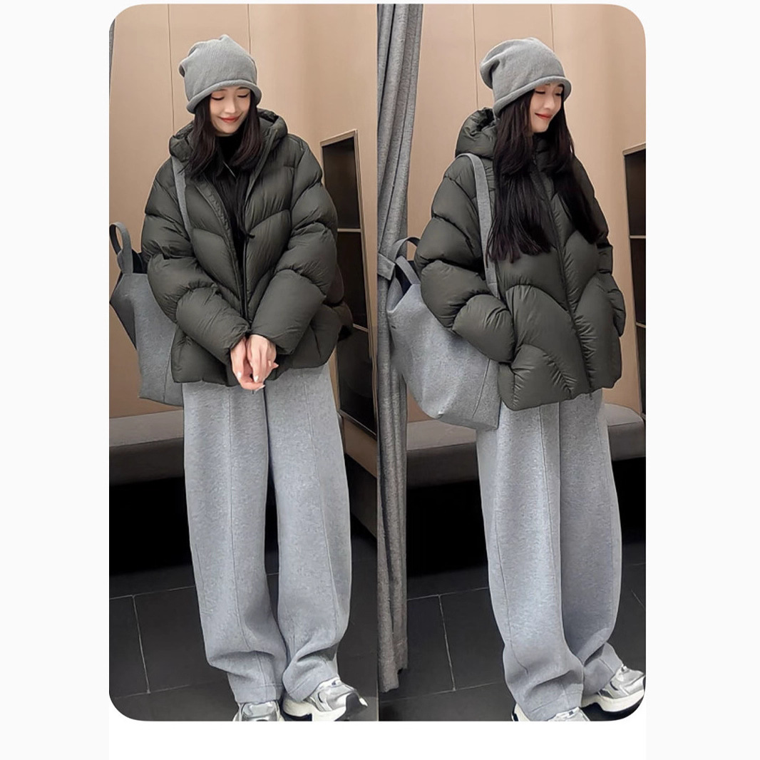 같은 스타일 25 겨울 신제품 여성용 후드 두꺼운 빵 재킷 짧은 패션 루즈 퍼프 화이트 오리 다운 재킷
