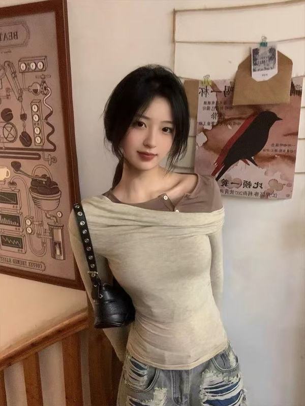 韩系设计感假两件长袖露肩t恤女秋季修身收腰高级感独特绝美上衣|undefined