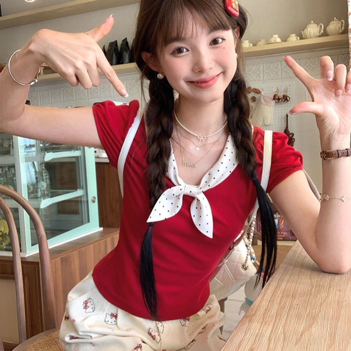 纯欲风辣妹波点蝴蝶结短袖t恤女夏季新款修身显瘦短款泡泡袖上衣