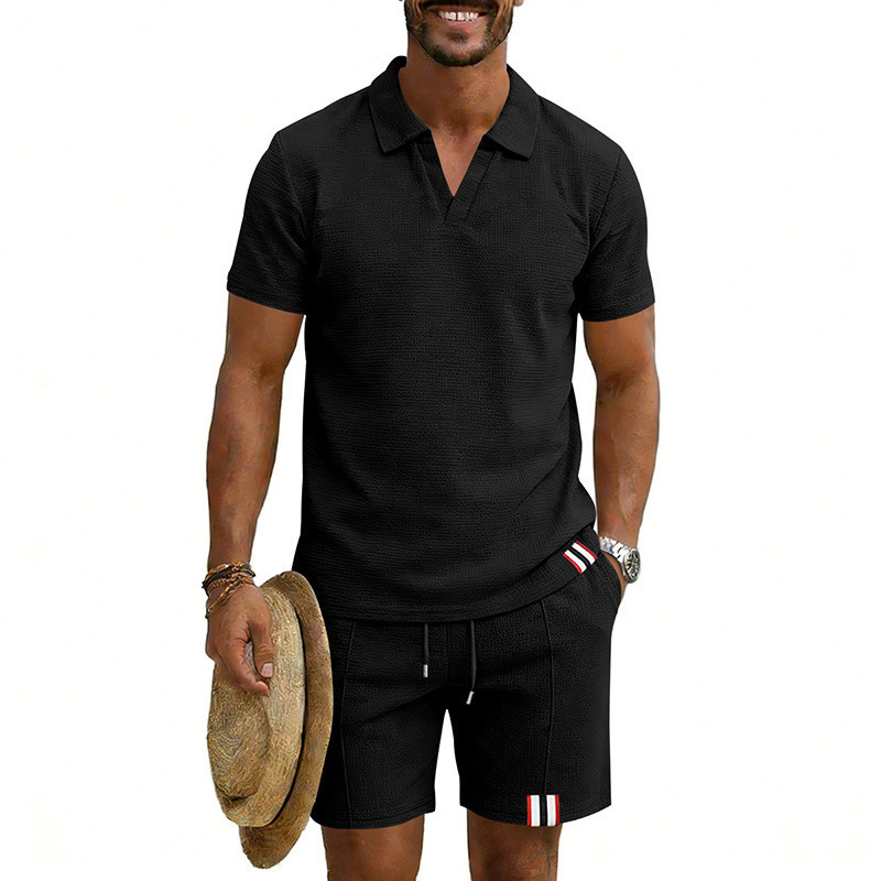Men's Summer Waffle Knit Polo Shirt And Shorts Set, Casual Breathable Comfort Outfit For Daily Wear ​​Lightweight & Quick-Drying Fabric​_viptrois.com