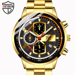 DEYROS cross-border luxury gold men's calendar luminous watch men's fashion stainless steel quartz watch