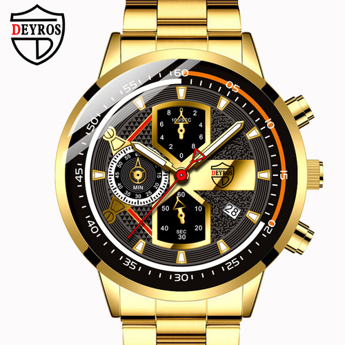 DEYROS cross-border luxury gold men's calendar luminous watch men's fashion stainless steel quartz watch