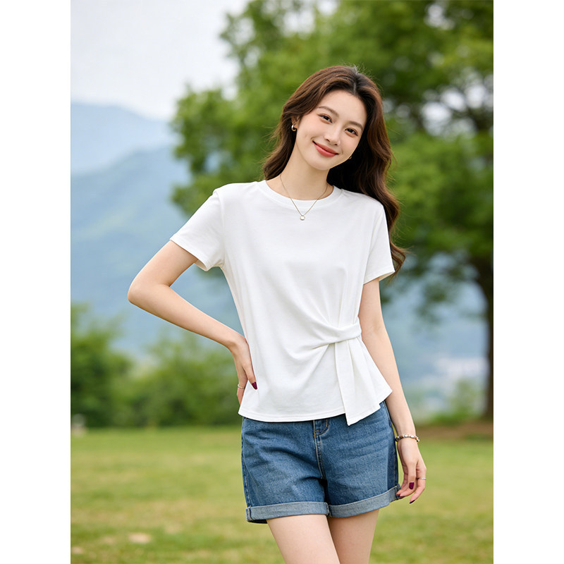Pleated Design Short-Sleeve T-Shirt for Women, Summer New Style, Pure Cotton, Waist-Cinching, Loose Fit, Half-Sleeve, Figure-Flattering Top Pleated Design Short-Sleeve T-Shirt for Women, Summer New Style, Pure Cotton, Waist-Cinching, Loose Fit, Half-Sleeve, Figure-Flattering Top