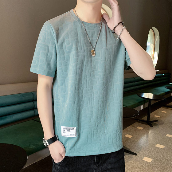 Men's Summer New Men's Short-sleeved T-shirt Hong Kong-style Jacquard Striped Straight Round Neck Fashionable Casual Base Shirt