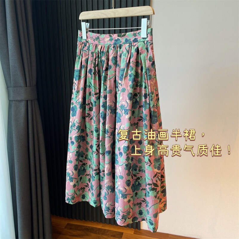 Wood giant 2400! Cotton mulberry silk! Wide Waist Mid-Length Skirt A- Line Floral Umbrella Skirt Oil Painting Manor Style Skirt