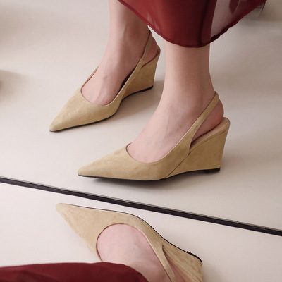 1898 European and American style simple suede irregular slope heel women's shoes temperament imperial sister pointed back empty back strap sandals for women