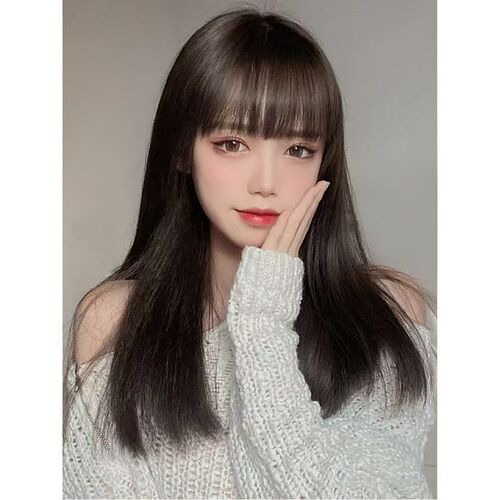 Air bangs girl straight bangs long curly hair long ponytail long straight hair fluffy real girl wig direct sale