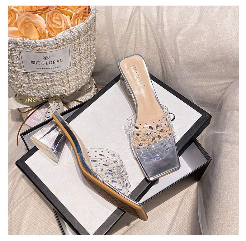 Dép sandal nữ quai ngang mũi vuông đính pha lê, đế dày gót vừa 3–5 cm — Màu bạc, Màu hồng nude, Màu mơ Nude chi tiết 34
