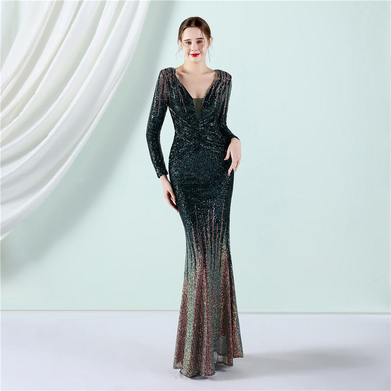 19037 # Gradient Sequin Long-Sleeved Evening Dress 2022 Spring and Summer New Fashion Long Sequin Dress Toast Dress