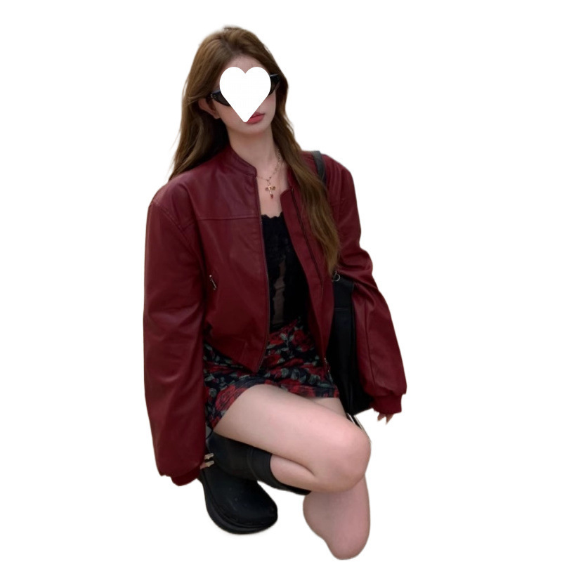 アメリカのレトロな赤いpuの皮の服のコートの女性の春と秋の高級感の小さい子供の機関車の服のジャケットの短い上着|undefined