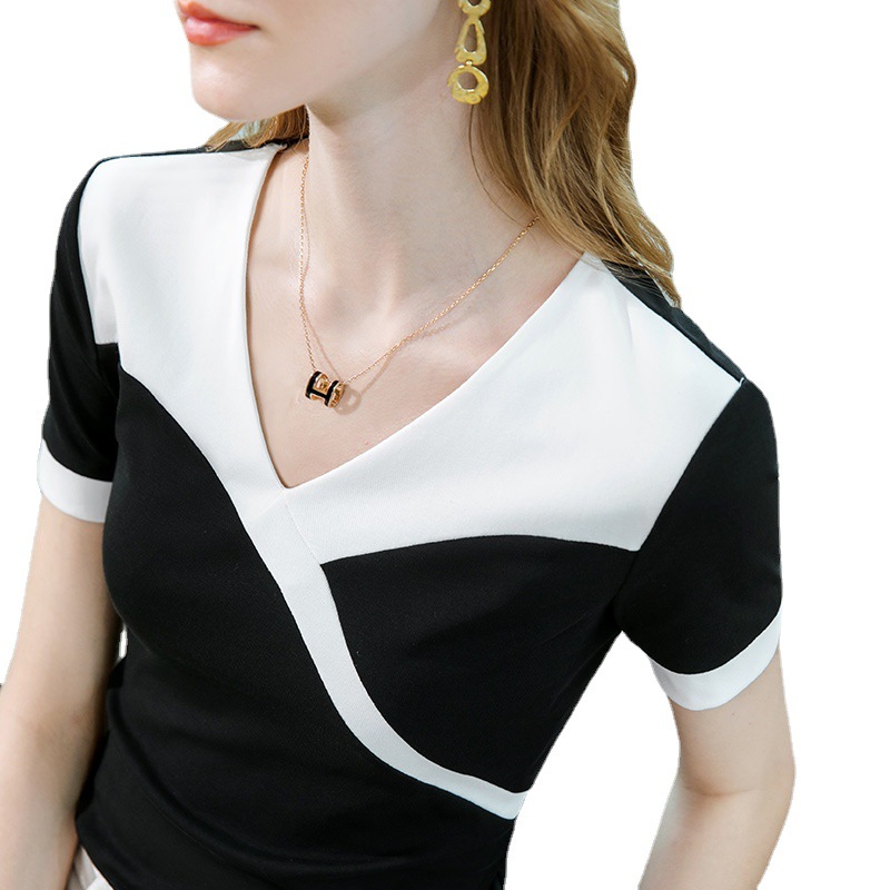 Camiseta de manga corta para mujer verano 2023 nueva Camiseta de algodón de costura de color de contraste de moda para mujer temperamento con cuello en V elegante cintura superior