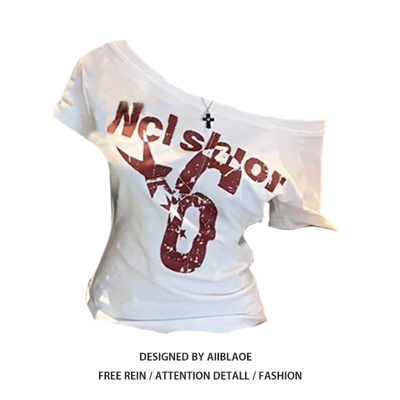 アメリカンレトロな斜め肩プリント半袖Tシャツ、女性用夏デザインホットガールスリムフィットショートオフショルダートップ|undefined