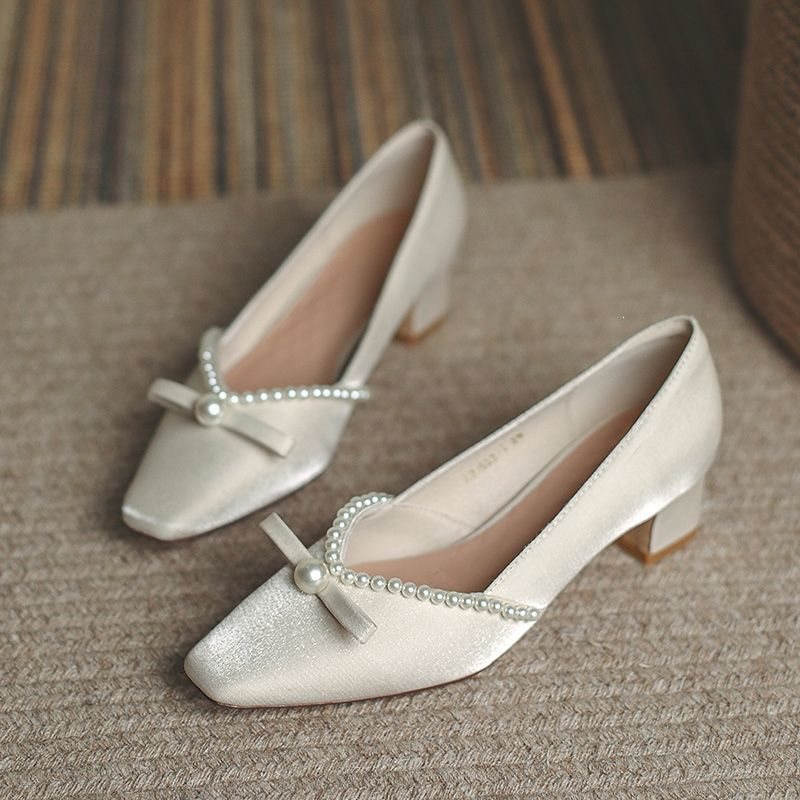 Zapatos de boda con tacón medio grueso, perlas, para vestido Xiuhe y de noche