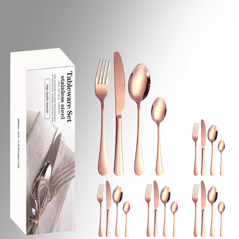 Amazon productos calientes de acero inoxidable vajilla 24 unidades traje 1010 cuatro piezas principales caja simple comida occidental cuchillo, tenedor y cuchara