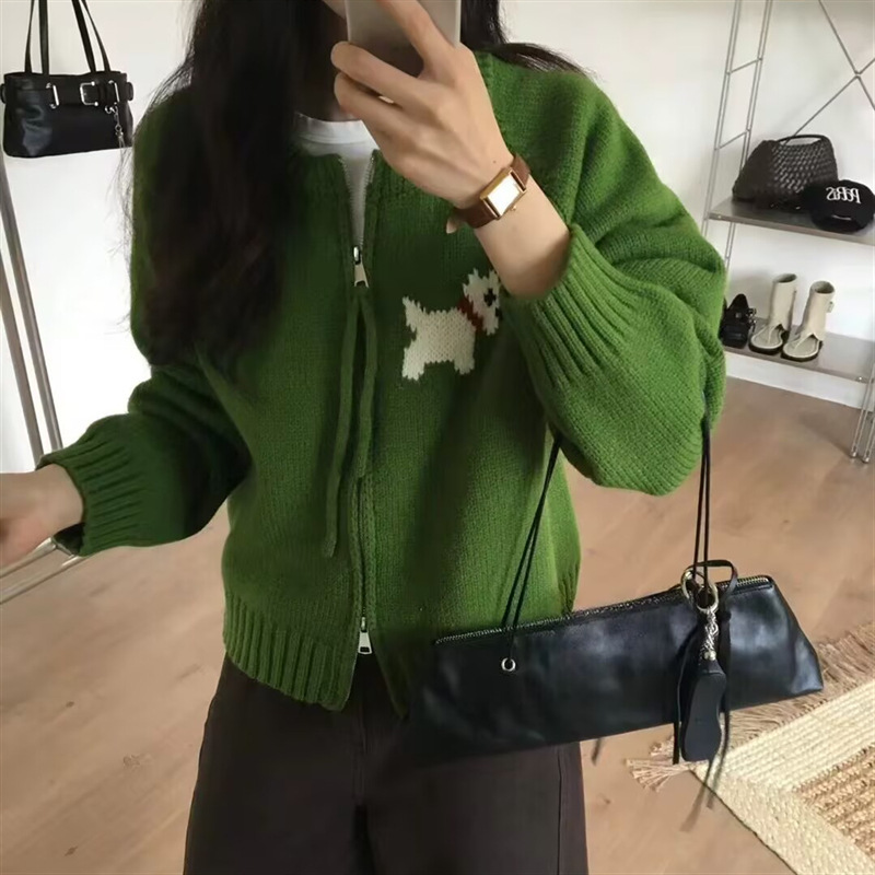 设计感卡通小狗圆领双拉链毛衣外套女秋冬新款宽松减龄针织开衫女|undefined