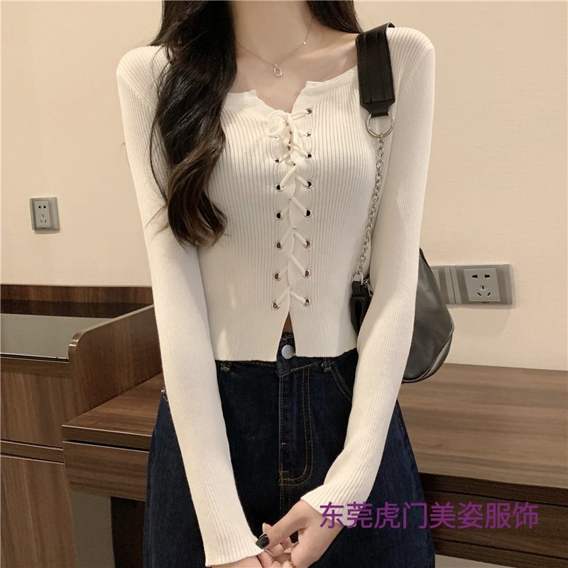 2023 New Autumn and Winter Design Niche Knitwear Women's Square Collar Lace-Up Long-Sleeved T-Shirt Versatile Slim Top for Women