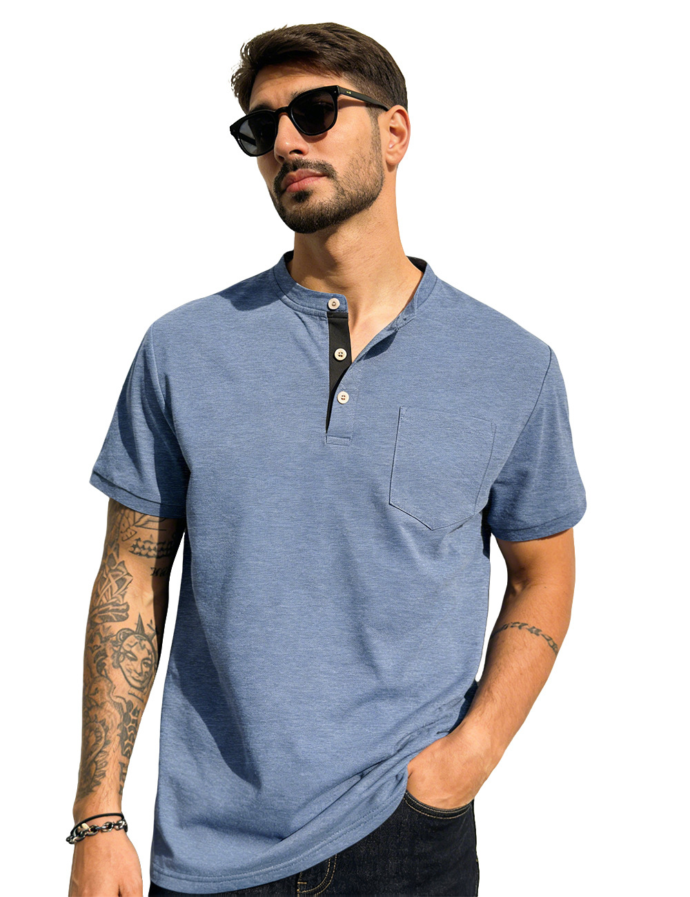 Estación independiente de verano hombre monocolor Henry polo camiseta superior americano casual comercio exterior camiseta de manga corta
