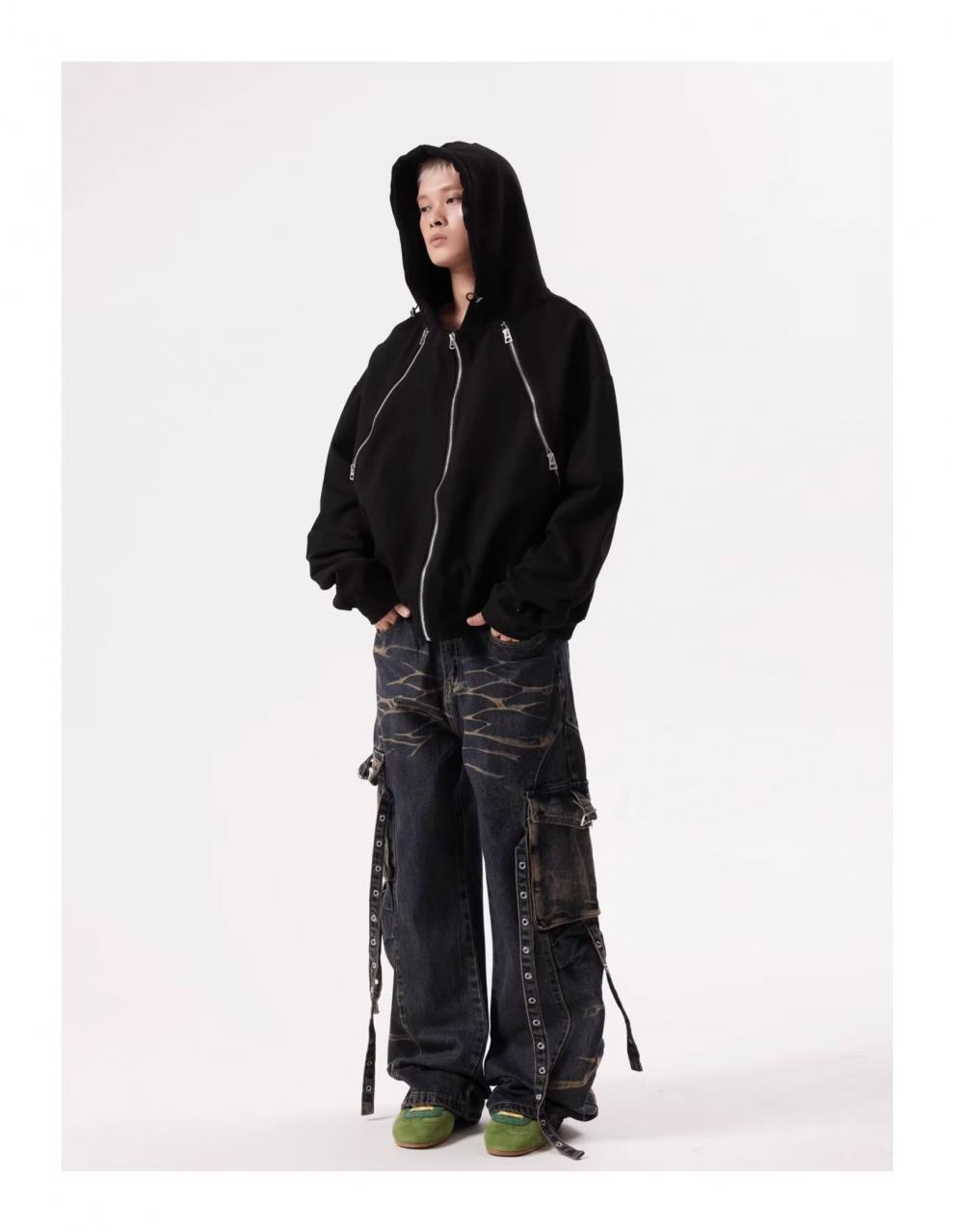 Jean cargo rétro ondulé à poches multiples et lacets pour homme, coupe droite, robuste et ample._voghion.com