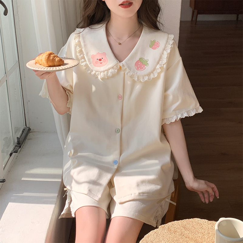 胸パッド付き女性用夏用パジャマ 2025 新しい半袖スイートスターカーディガン夏薄いホームウェアセット|undefined