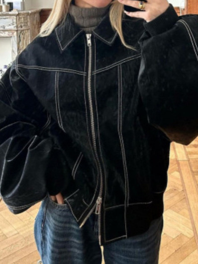 欧美跨境女装速卖通秋冬款宽松翻领美式复古时尚夹克拉链皮衣外套|undefined