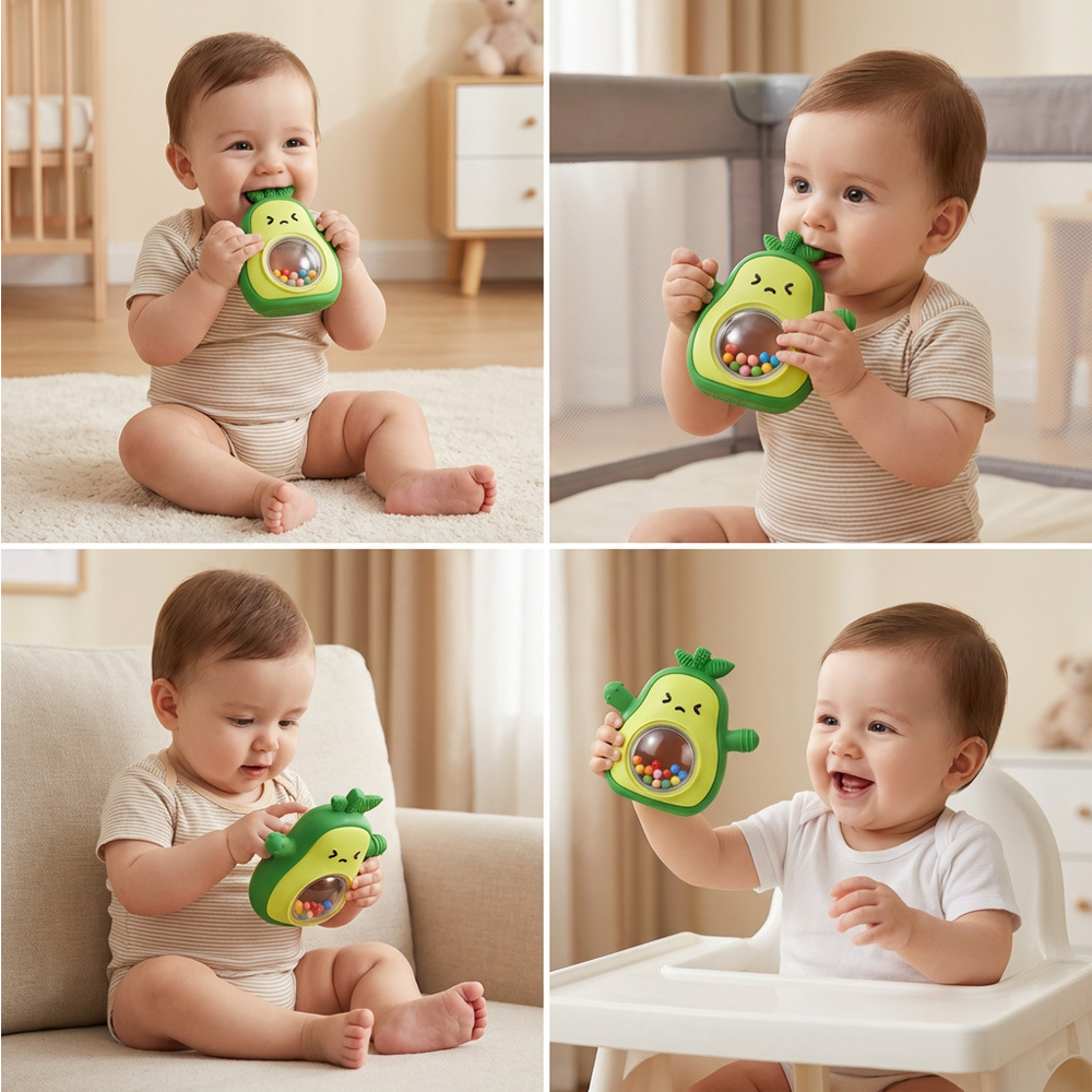 Yeni Model Avokado Çıngırakı Diş Kaşıyıcı Çiğneme Oyuncağı Gıda Sınıfı Bebek Silikon Diş Çıkartma Çubuğu Bebek El Koruma Çiğneme Oyuncağı