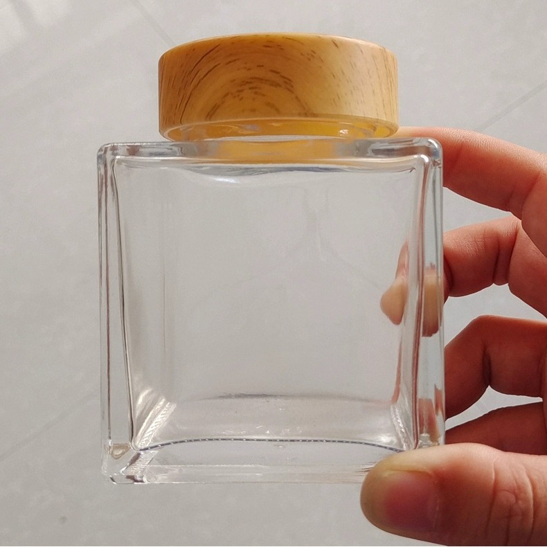 高档玻璃蜂蜜瓶大口扁方木盖玻璃瓶密封瓶蜂王浆包装瓶大容量
