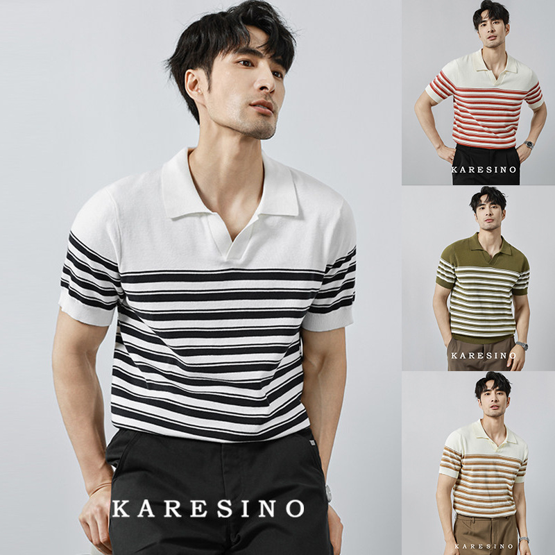 Polo camiseta de punto camiseta de manga corta hombre V-collar gaviota rayas viejas camiseta de hielo de viento de verano fábrica transfronteriza al por mayor