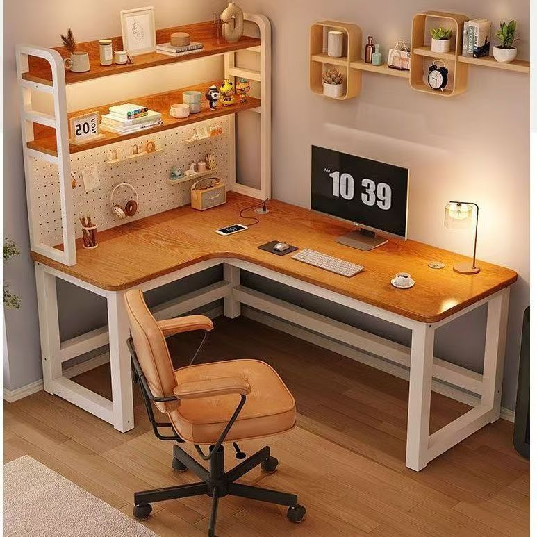 Corner desk with integrated bookshelf for home use, student computer desk, simple modern office desk, perforated panel desktop gaming desk