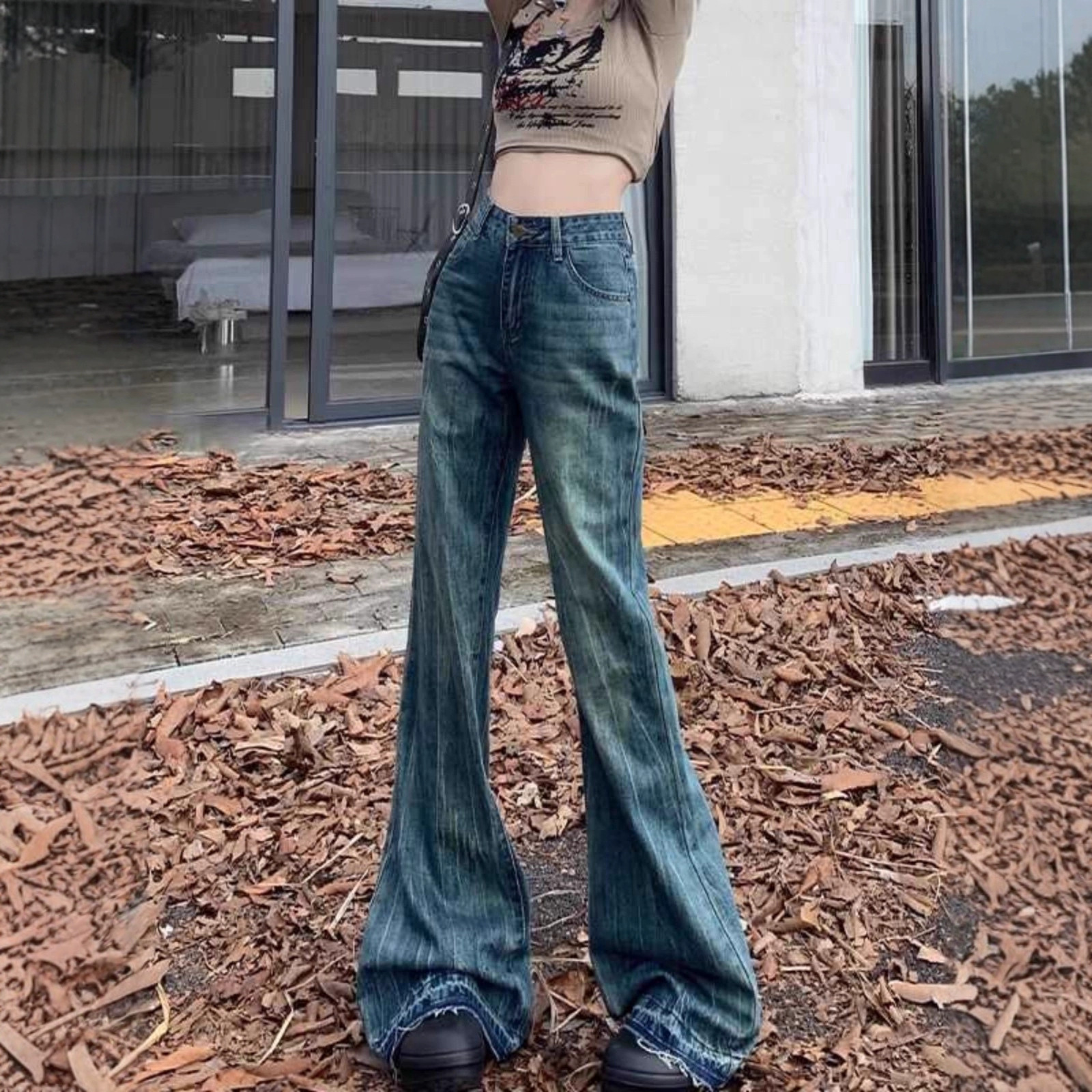 American Retro High-Waisted Tummy Control Butt-Lifting Plus-Size Flared Jeans for Women, Summer Season Slimming Wide-Leg Bell-Bottom Pants