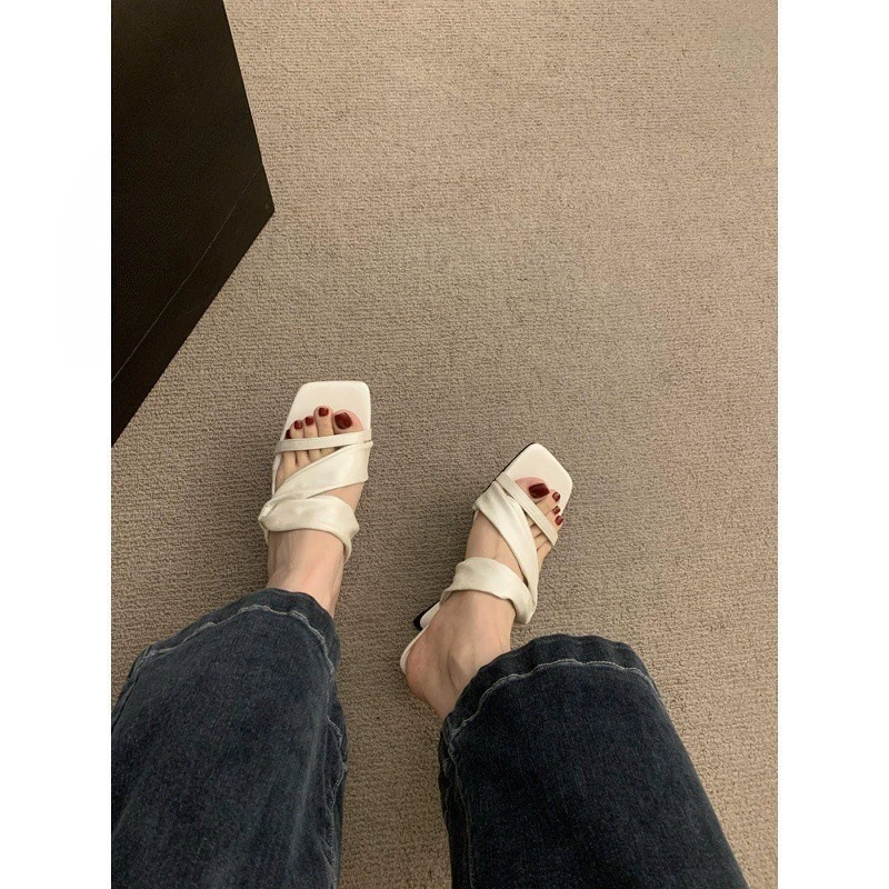 Small design sandals, summer footwear high heels, silver slide, slippers, shoes, trend of season