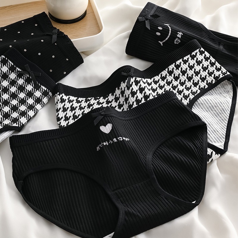 Simple Black and White Houndstooth Plaid Polka Dot Pure Desire Underwear Student Mid-Waist Hip-Covering Threaded Breathable Women's Briefs