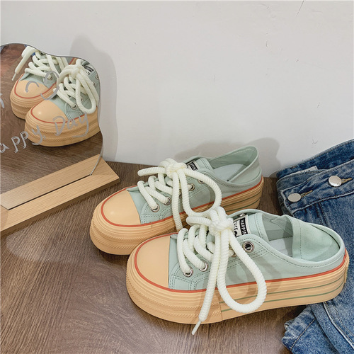 Internet Celebrity Live Broadcast Mint Green Canvas Shoes Women's Summer Two-Wear Flat Cloth Shoes Korean Style Casual Women's Shoes