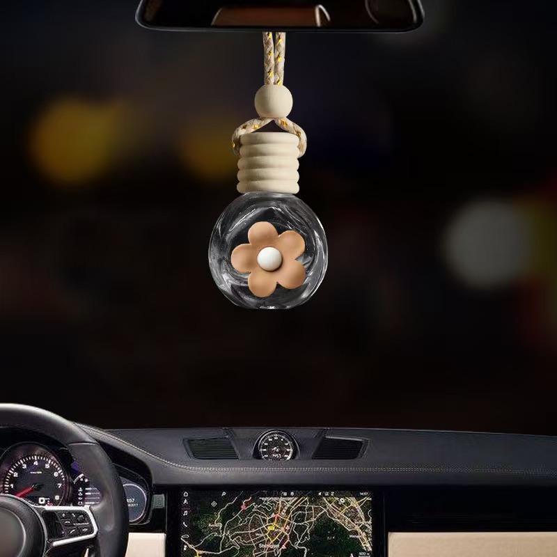 Espejo retrovisor de coche de dibujos animados botella de perfume colgante de coche botella vacía flor creativa botella de aromaterapia de coche aceite esencial decoración de coche