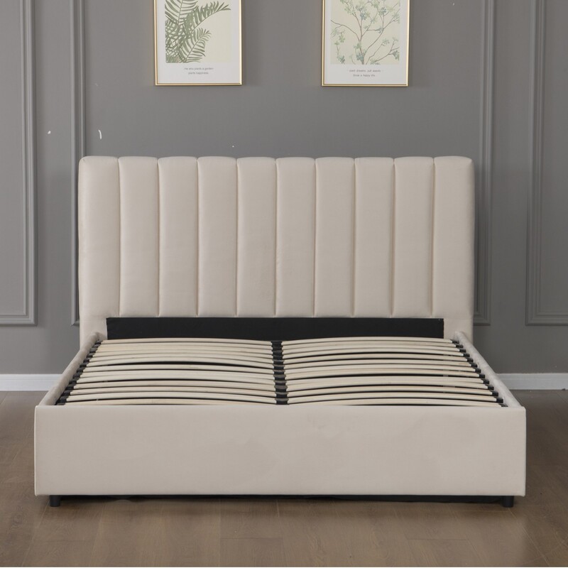 Source Manufacturer of Foreign Trade Furniture: Off-White Velvet Vertical Stripe High-Headboard Hydraulic Storage Bed, Complete Certifications, Customizable Source Manufacturer of Foreign Trade Furniture: Off-White Velvet Vertical Stripe High-Headboard Hydraulic Storage Bed, Complete Certifications, Customizable