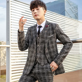 2024春季新款新郎修身西服三件套韩版伴郎格子男士礼服批发mf703