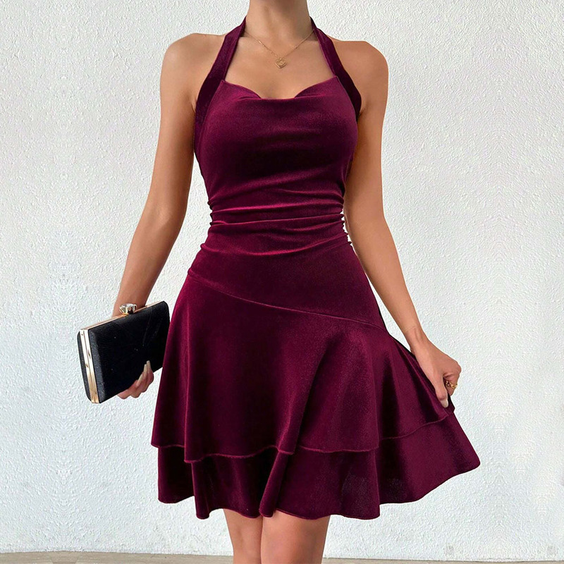 Amazon Cross-Border Export Autumn and Winter New Women's Clothing European and American Sexy Style Velvet Halter Dress Party Mini Skirt