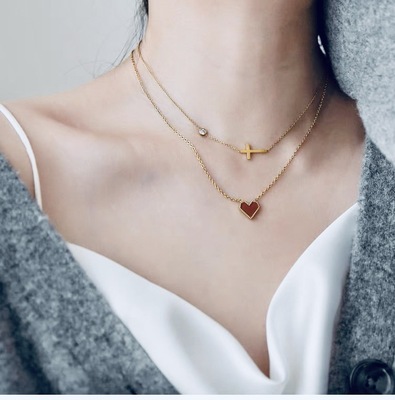 2022年新款小众设计感高级红色爱心红心十字架水晶项链叠戴锁骨链|ru