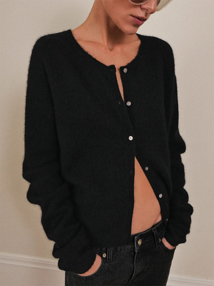 Áo cardigan len nữ cổ tròn dáng rộng cài khuy một hàng, dài tay, phong cách thanh lịch — Màu trắng, Xanh bạc hà, màu xám chi tiết 29