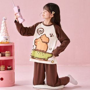 Spring and Autumn Cool Silk Cotton Children's Pajamas Big Girl Cartoon Cute Student Mother's Dresses Pajamas suit Home Clothes