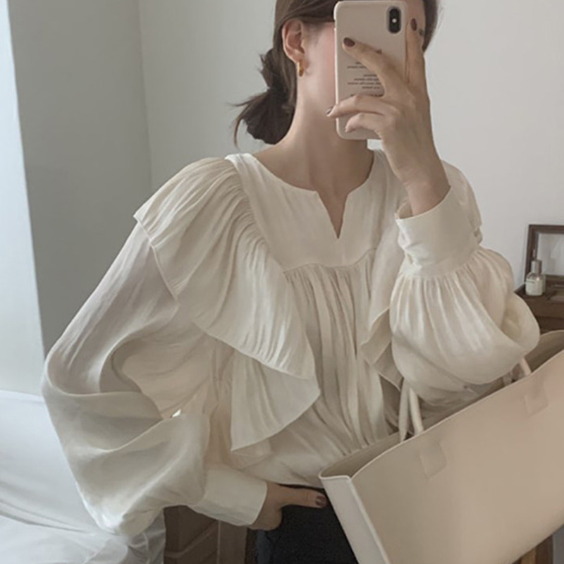 Korean Chic Design Niche Elegant Ruffled Pleated Shirt Women's Spring New Super Fairy Puff Sleeve Top